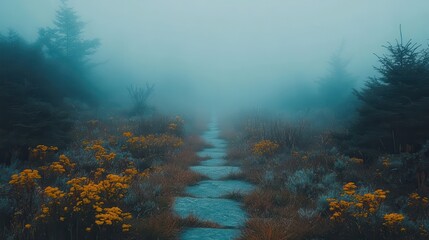 Misty mountain path, wildflowers, autumn, fog, scenic