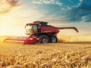 Obraz premium Combine harvester working in a golden field, leaving rows of cut crops behind under a bright sky