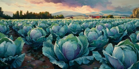 Fototapeta premium Lush cabbage field at sunset with scenic mountains