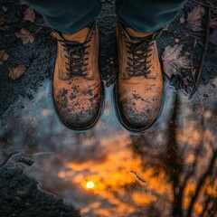 Pair of shoes standing in a puddle with reflection in a realistic photography setting with copy space