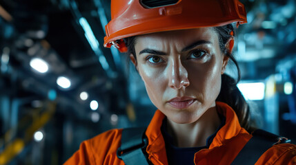 Focused female engineer in safety gear, showcasing determination and professionalism in industrial setting. Her expression reflects confidence and readiness for challenges