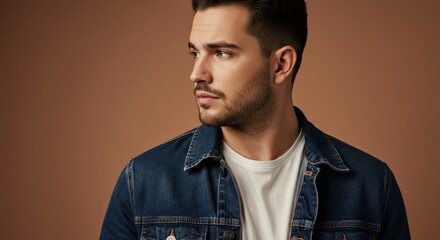 Fototapeta premium Stylish Portrait of a Young Man in Denim Jacket Against Brown Background - Perfect for Fashion and Lifestyle Concepts