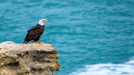 Bald eagle perched on a rocky cliff with ocean waves crashing below