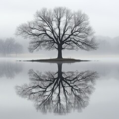 Reflection of a tree in calm water with a clear sky and copy space for nature photography