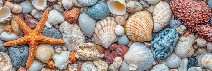 Colorful seashells and starfish on a pebbled beach shoreline background