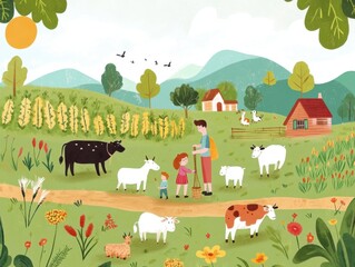 Family working together on a small organic farm, surrounded by animals and crops