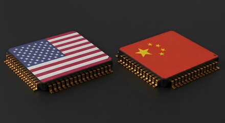 Fototapeta premium USA and China Microchips on Black Background Representing Semiconductor War