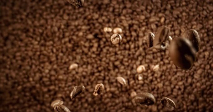 Close up of seeds of coffee. Fragrant coffee beans Super Macro Close Up. Shot on super slow motion camera 1000 fps.
