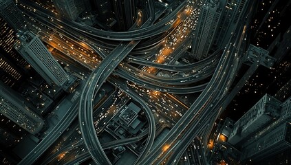 Aerial View of Night City: Complex Highway Interchange Illuminates Urban Landscape with Traffic Flow at Night