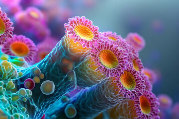 Generative AI illustration of microscopic bacterial forms showcasing vivid molecular structures and glowing effects