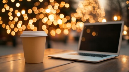 coffee and laptop with bokeh lights