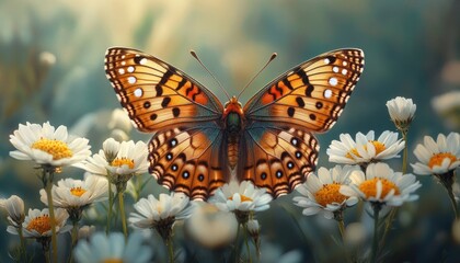 Obraz premium Vivid Butterfly on White Flowers in Garden with Blurred Green Background