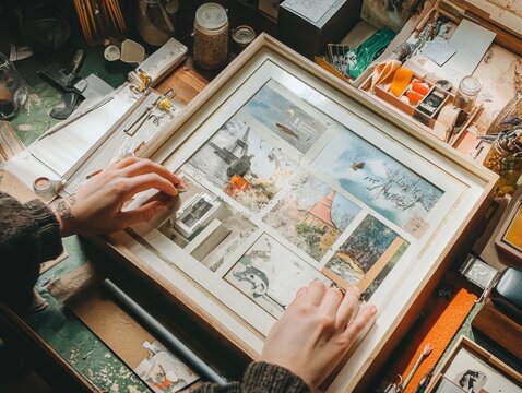 Hands crafting a photo collage in a shadowbox frame, combining memories and travel souvenirs