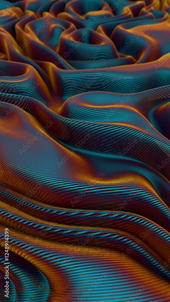 Poster Abstract 3D waves with smooth flowing lines in blue and orange tones, creating a futuristic digital landscape.