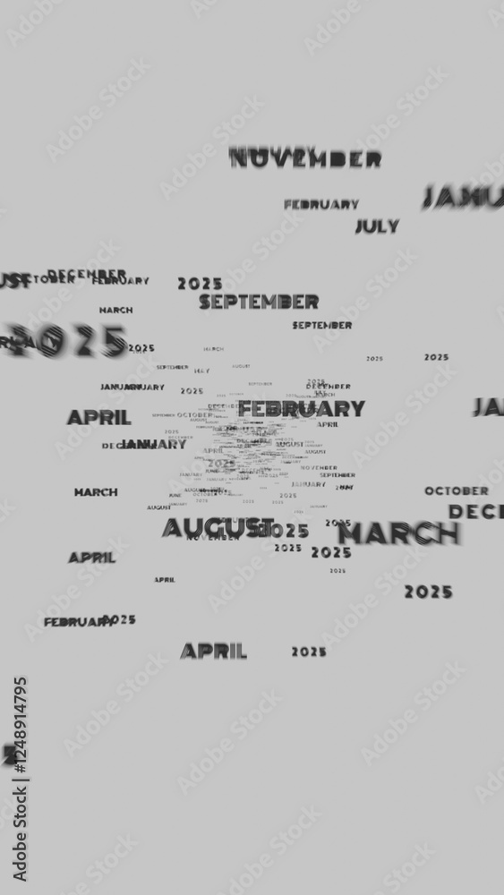 Poster Abstract motion typography featuring floating months of the year and 2025 in a futuristic, distorted style.........