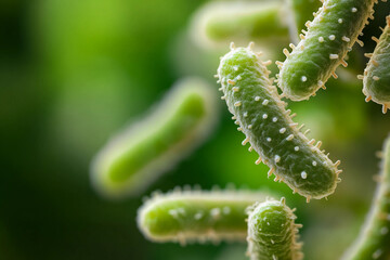 Fototapeta premium Generative AI illustration of microscopic bacterial forms showcasing vivid molecular structures and glowing effects