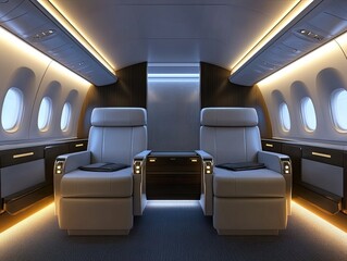 Luxurious Private Jet Interior with Plush Seats and Ambient Lighting for Travel