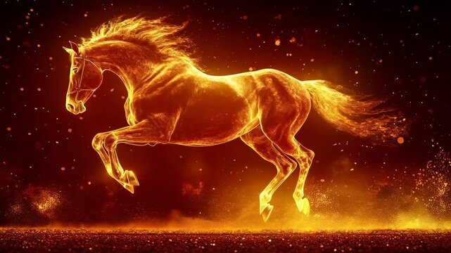 Chinese New Year 2026. Year of the Horse Celebration. Elegant greeting design for Chinese New Year 2026, featuring a gold horse, firework patterns. Seamless Loop.