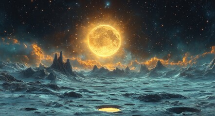 Moonrise over Alien Rugged Terrain with Mars in the Distance