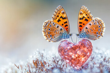 Obraz premium pair of butterflies with orange and black patterns rest on sparkling heart shaped crystal, surrounded by frost and soft light, creating serene and romantic atmosphere