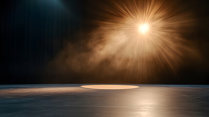 Vivid spotlight radiating against a dark, smoky backdrop, creating a bold and captivating scene. Great for event graphics, stage decor ideas, or inspirational posters. Selective focus