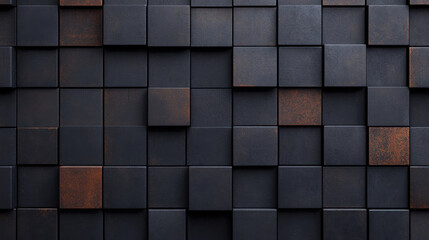 Dark textured wall with square tiles in varying shades of black and rust. design creates modern and industrial aesthetic, perfect for contemporary interiors