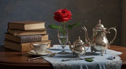 Elegant Still Life Photograph with Silver Teapot, Rose in Glass Vase, and Antique Books on Wooden Table