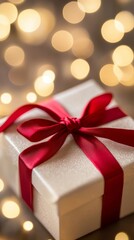 Obraz premium Elegant Gift Box with Red Ribbon on Festive Abstract Background with Bokeh Lights, Perfect for Celebrations and Special Occasions, 