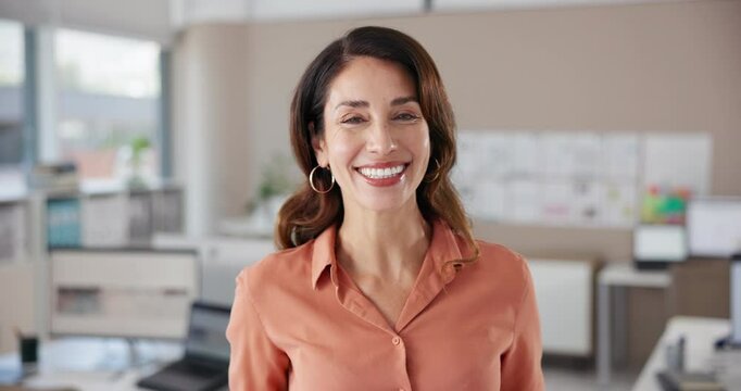 Woman, face and worker in creative agency, startup job and entrepreneur confidence in office. Female person, portrait and professional event planner in workplace, coordinator and proud employee