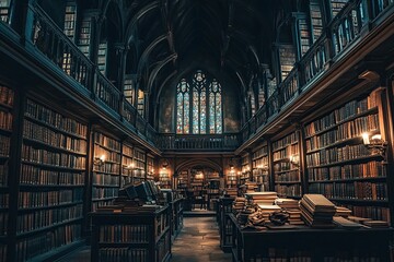 Fototapeta premium Exploring a Grand Gothic Library: Ancient Books & Stained Glass, Architectural Marvel of History