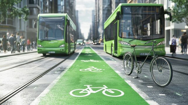 A modern urban scene featuring green bike lanes, trams, and bicycles, emphasizing eco-friendly transportation options in a bustling city environment.
