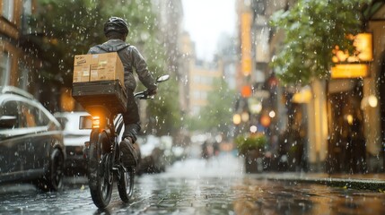 Obraz premium A cyclist rides through a rainy city street, delivering packages, showcasing urban life and the challenges of working in inclement weather.