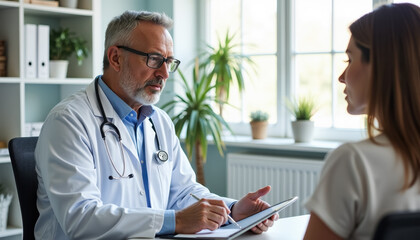 Fototapeta premium Caucasian male doctor consulting young female patient in medical office setting