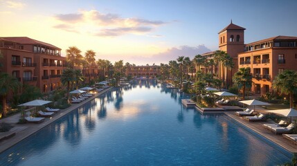 Fototapeta premium Luxury Resort at Sunset: Moroccan Oasis with Stunning Pool