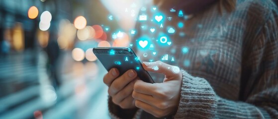 A man with a phone on the street surrounded by social media icons, perfect for blogs about digital communications and social media