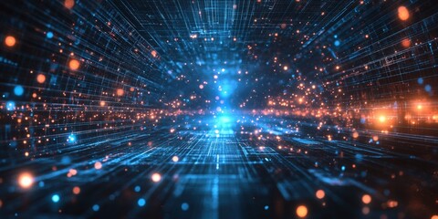 Fototapeta premium Vibrant Retro 80s Style Grid Background with Glowing Blue Light and Dynamic Lines for Futuristic and Tech Designs