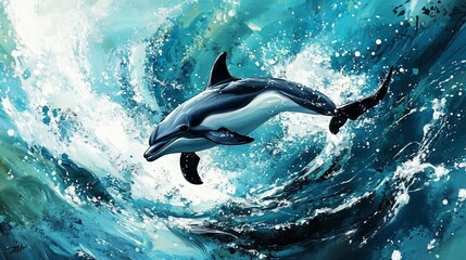 Obraz premium Dolphin leaping ocean wave, turquoise water, marine wildlife, nature, aquatic, artwork, website banner