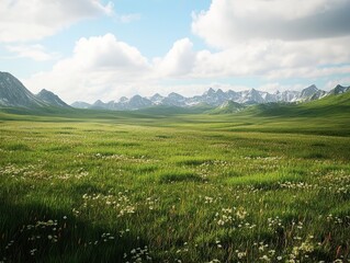 Scenic Mountain Meadow with White Flowers and Rolling Green Hills Under a Cloudy Sky