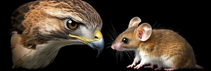 Predator and Prey An Intense Face-Off between a Hawk and a Mouse on Black Background