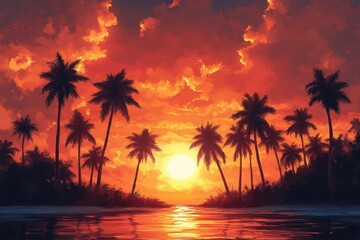 Obraz premium Tropical sunset with palm trees and vibrant orange sky