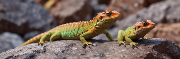 Fototapeta premium Closeup of little lizard basking on warm rock, little reptile on rock, reptile closeup, warm rock reptile
