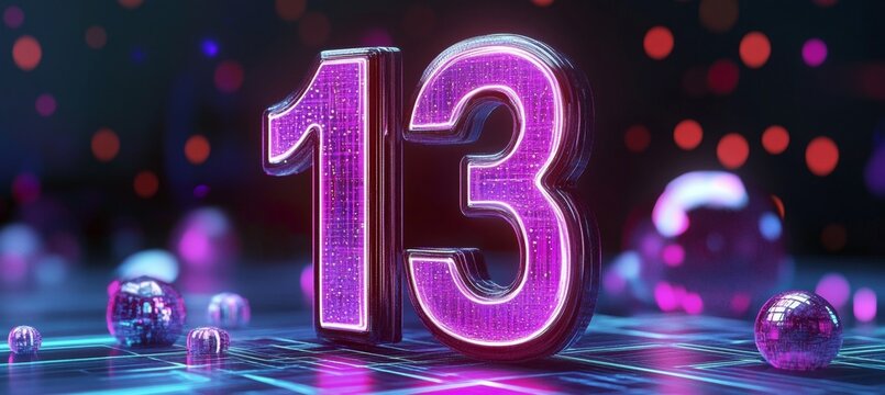 Glowing Futuristic Number 13 Pink and Blue Neon Light with Digital Abstract Background and Bokeh