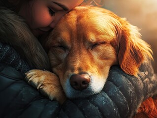 A woman embraces her golden retriever in a tender moment of affection