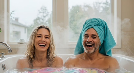 Husband-wife trying CBD bath products, giggling with cooling towels on heads.