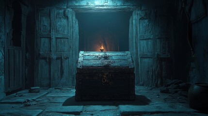 Ancient Treasure Chest in a Dark, Grungy Dungeon