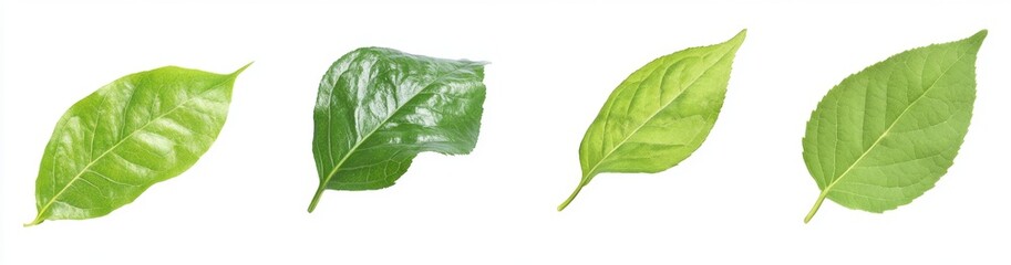 Fototapeta premium Four green leaves, studio shot, white background, nature design