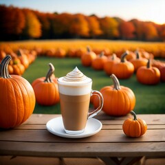 Generated image  A pumpkin latte on a rustic wooden table with an open cookbook beside it