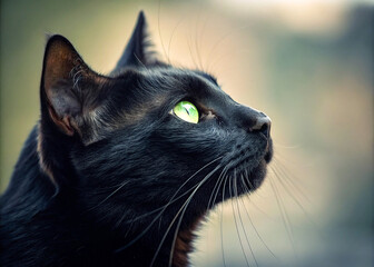 A stunning close-up of a black cat’s profile, capturing its sleek fur, piercing eyes, and elegant whiskers in dramatic lighting.