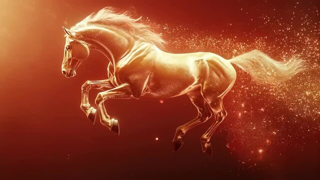 Chinese New Year 2026. Year of the Horse Celebration. Elegant greeting design for Chinese New Year 2026, featuring a gold horse, firework patterns. Seamless Loop.