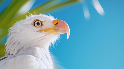 Obraz premium Close-up of a bald eagle face with piercing eyes against a blue sky